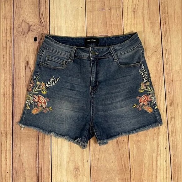 Cut Off Blue Jean Denim Shorts with Floral Embroidery and Distressed Hem - Picture 5 of 10